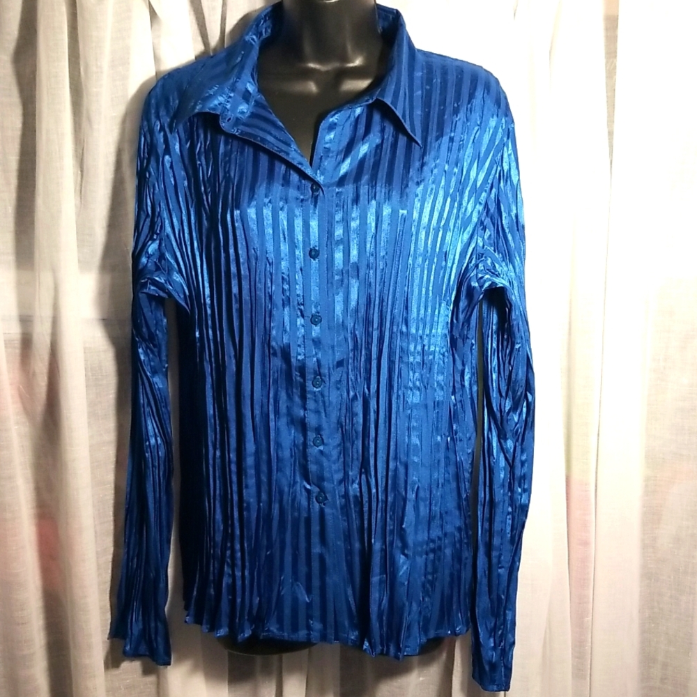Sz XL Unique Royal Blue Krinkly Satiny Blouse
